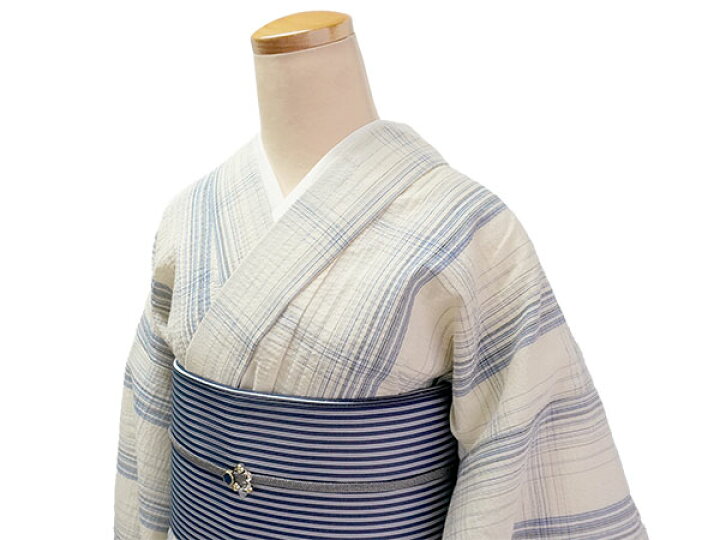楽天市場】綿麻 着物 浴衣 単品 しじら織 ブルー オフホワイト 格子 滝 