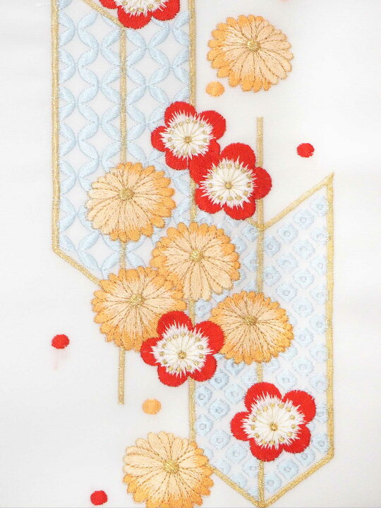 楽天市場】半衿 刺繍 振袖用 白地 オレンジ 赤 矢羽根 菊 梅 古典柄 