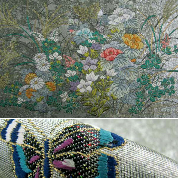 ys7185043; 【レインボー】 ? 漆箔花々に蝶模様織出し袋帯【着】