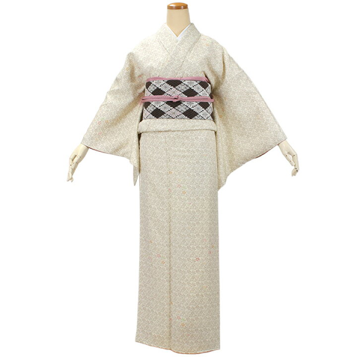 楽天市場】正絹 小紋 着物 仕立て上がりフリーサイズ 袷 淡いベージュ  