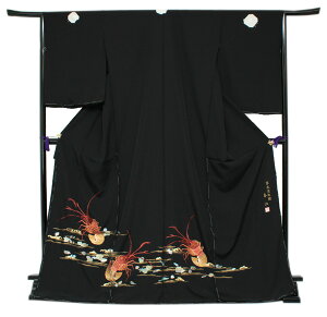【正絹黒留袖 未仕立て 仮絵羽 伊勢海老柄】礼装 黒留め袖 新品 お誂え 購入 販売 結婚式 既婚 五つ紋 家紋 フォーマル 【hzくお】