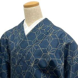 京やG066　特選　紬　つむぎの着物　袷仕立て　紬　麻の葉文様　藍色　新同　仕立て上がり　美品　リサイクル着物　送料無料　あす楽対応