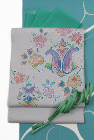 【11/14 10:00- ★全品ポイント10倍】【バティック】特選ロウケツ染 洒落袋帯 薄グレー地 紬地 インドネシア ムガ蚕 野蚕糸