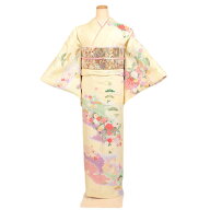 【広幅 大きいサイズ】レンタル 訪問着 単衣 夏物 身長：165～175cm 号数：15〜19号 薄黄系 母親 着物 結…