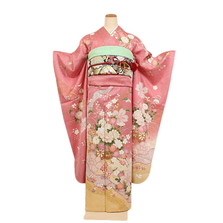 振袖］正絹 やわらかい白 ぼかし 桜 菊 草花 毬 流水 地紋 ママ振り 