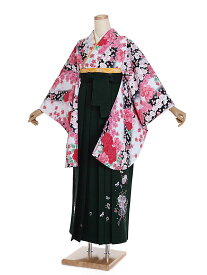 【レンタル】【卒業式袴 白黒・洋花×刺繍・緑袴】卒業式 袴 レンタル 卒業袴 女袴 卒業式袴セット 大学生 短大 教員 先生 二尺袖袴フルセット 専門学生 謝恩会 高校 文化祭 個性 おしゃれ 被らない 往復送料無料 n553
