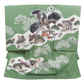 レンタル 初着 男児 緑系 鷹/老松 お宮参り 産着 着物 男の子 ベビー 赤ちゃん b-0482