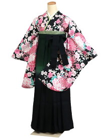【レンタル】【卒業式袴 黒・牡丹乱菊×緑黒ぼかし袴】卒業式 袴 レンタル 卒業袴 女袴 卒業式袴セット 大学生 短大 教員 先生 二尺袖袴フルセット 専門学生 謝恩会 高校 文化祭 個性 おしゃれ 被らない 往復送料無料 n648