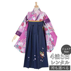 【レンタル】袴 レンタル 小学生 女の子〔AG131〕紫濃淡　菊桜藤卒業式 ジュニア 卒服 フルセット 十三参り 貸衣装 子供用