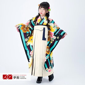 【レンタル】紅一点 袴 レンタル 小学生 女の子〔AG228〕緑　縦縞椿卒業式 ジュニア 卒服 フルセット 十三参り 貸衣装 子供用