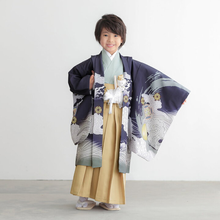 七五三 5歳 男の子 袴セット 紺 鷹 古典柄はかま袴丈54 中古品