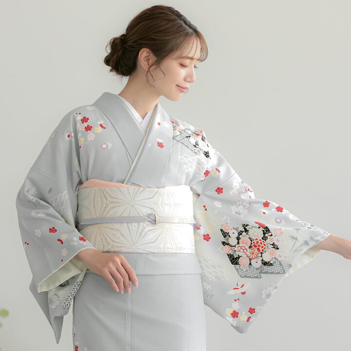 訪問着 袷 松川菱に四季花グレーx白美品