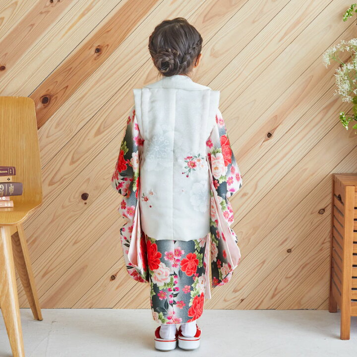 レンタル 七五三 着物 3歳 女の子 三歳 K001 リョウコ キクチ 白 グレー 牡丹と枝垂れ桜 753 七五三 着物 3歳 女児 子供 きもの レンタル 京都着物レンタル夢館