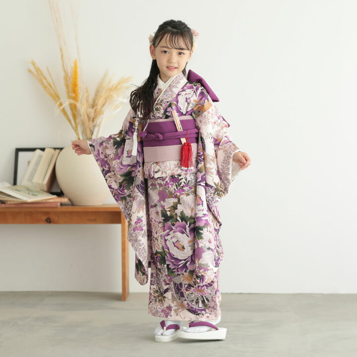 七五三 7歳 アンティーク 紫 ゆるめん 桜 正絹 着物 すぐ着られる 