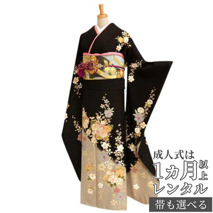 楽天市場】【成人式 振袖 レンタル】RS162 正絹 黒ラメ 菊と鞠グレー 