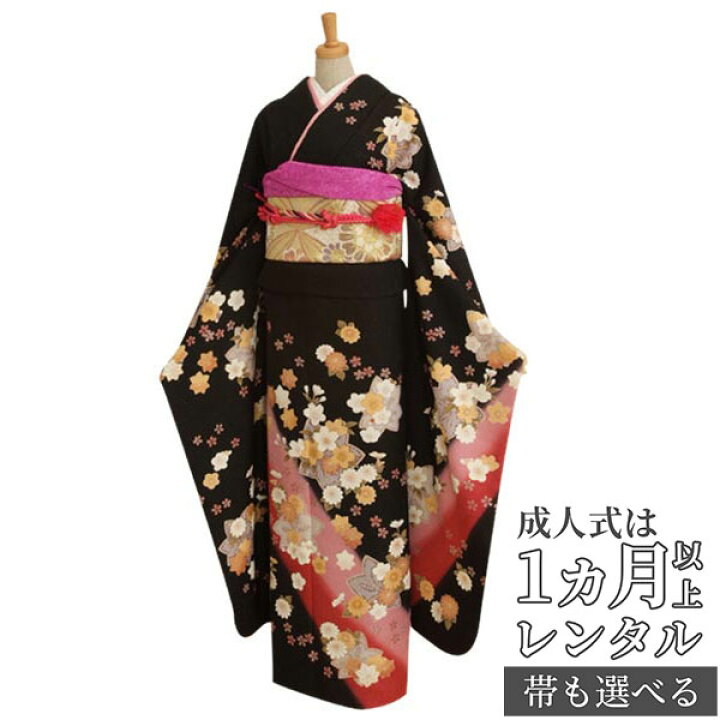 楽天市場】【成人式 振袖 レンタル】RS165 正絹 黒 ピンクもみじフル  