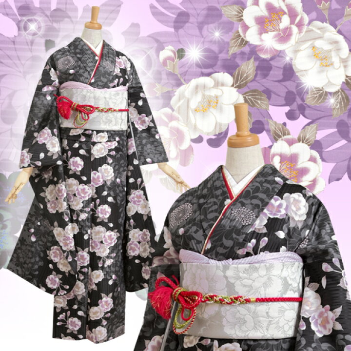 楽天市場】【成人式 振袖 レンタル】RS185黒 大菊と八重桜（藤色系 