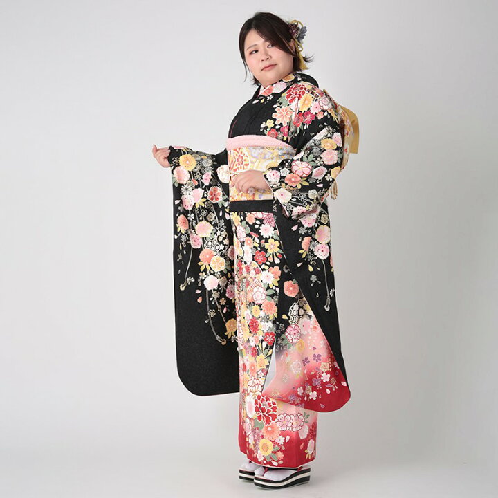 楽天市場】〔成人式 振袖 レンタル〕RS1006 正絹 黒 桜菊花に御所車 