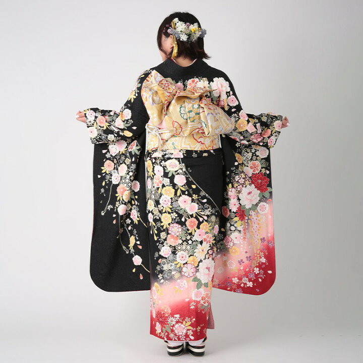 楽天市場】【成人式 振袖 レンタル】RS1006 正絹 黒 桜菊花に御所車 