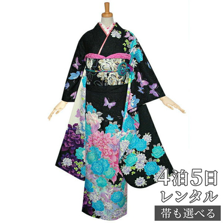 楽天市場】【振袖 レンタル】 結婚式 結納R1010 正絹 黒 薔薇に蝶 振袖 