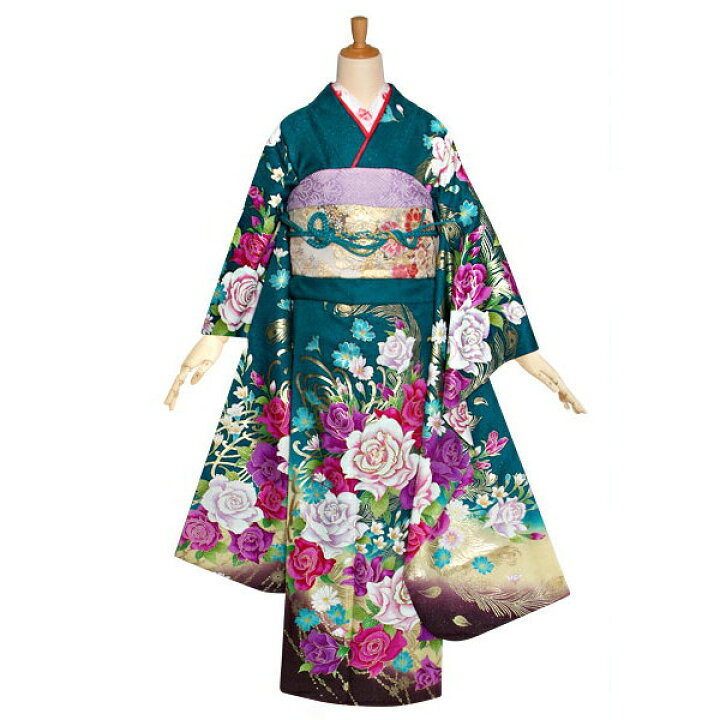 楽天市場】【成人式 振袖 レンタル】RS1085 正絹 緑 薔薇と孔雀の羽 