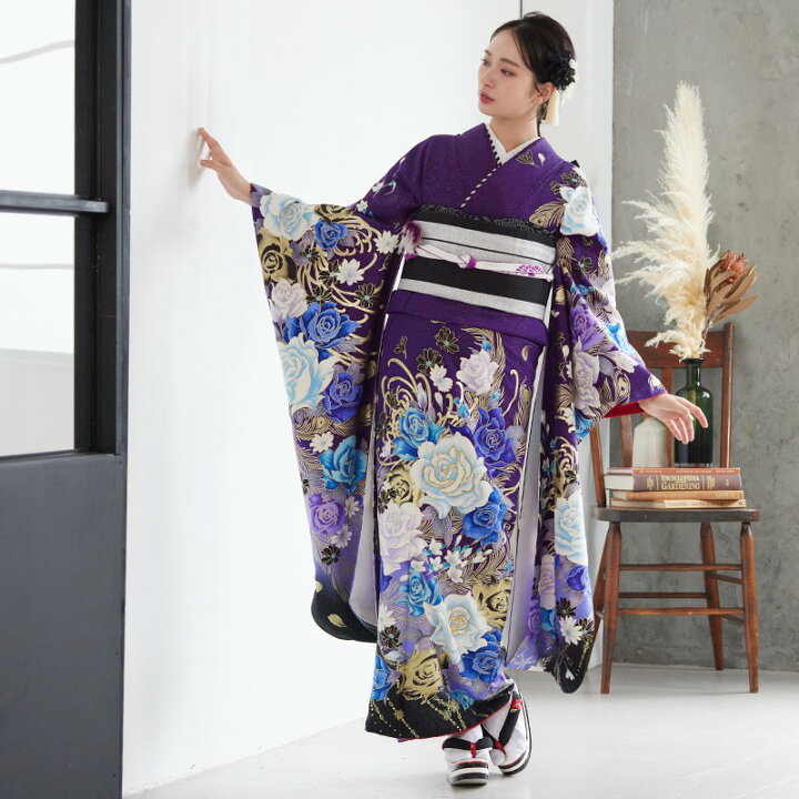楽天市場】【成人式 振袖 レンタル】RS1086 正絹 紫 薔薇と孔雀の羽 