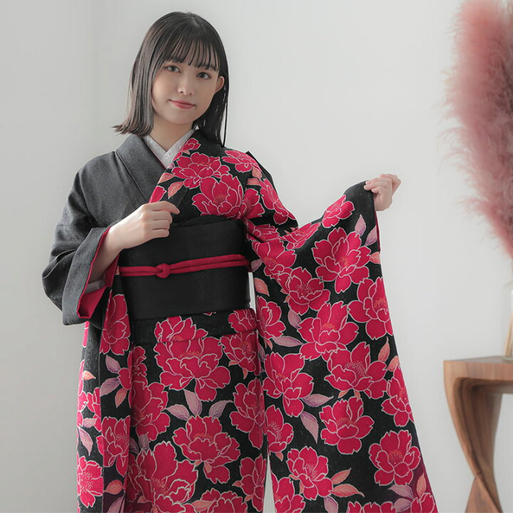 楽天市場】【成人式 振袖 レンタル】RS1164 正絹 黒 紅桜花フルセット 
