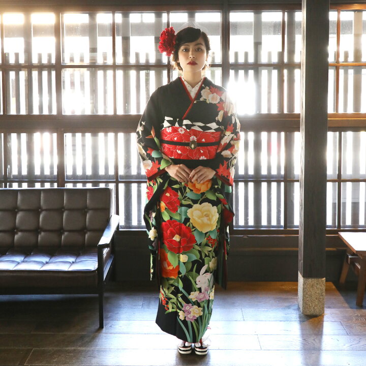 楽天市場】〔成人式 振袖 レンタル〕RS1170黒 椿に白うさぎ きもの道楽 
