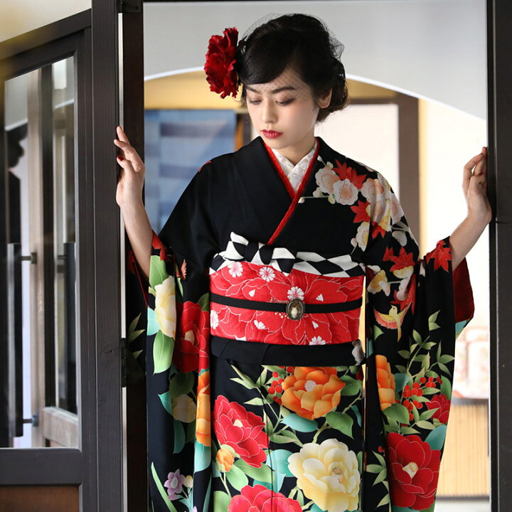 楽天市場】〔成人式 振袖 レンタル〕RS1170黒 椿に白うさぎ きもの道楽 