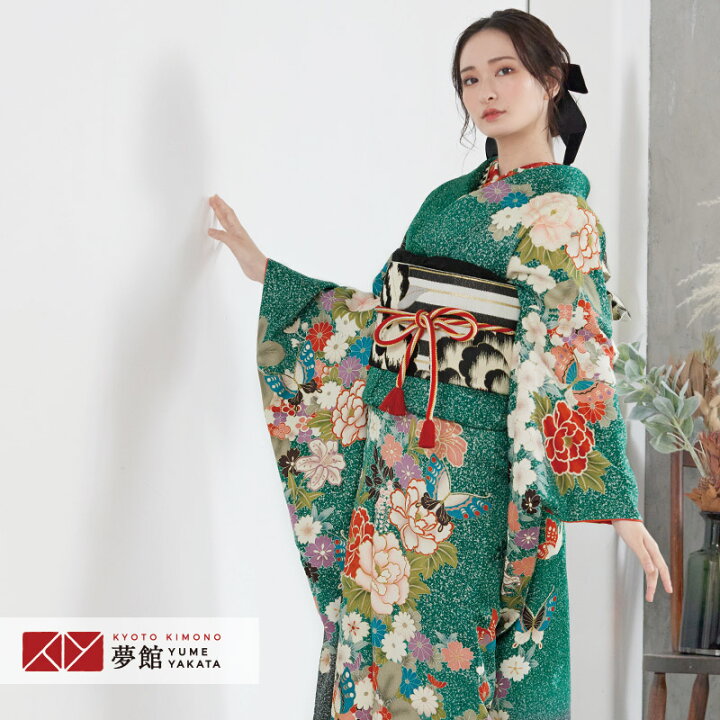 楽天市場】〔成人式 振袖 レンタル〕RS1179 正絹 緑 四季の花に蝶フル 