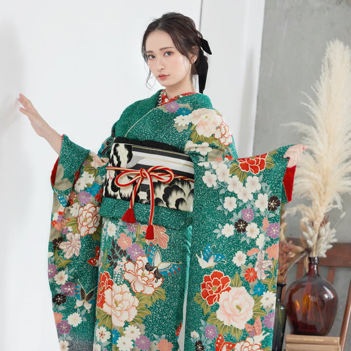 楽天市場】【成人式 振袖 レンタル】RS1179 正絹 緑 四季の花に蝶フル 