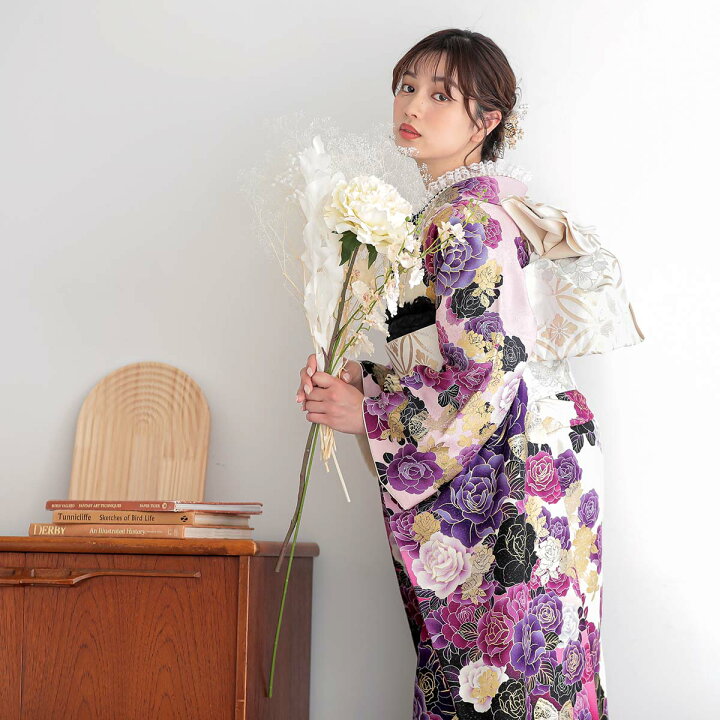 楽天市場】〔成人式 振袖 レンタル〕RS1185 正絹 白 薔薇フルセット 