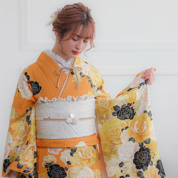 楽天市場】〔成人式 振袖 レンタル〕RS1186 正絹 黄 薔薇フルセット 