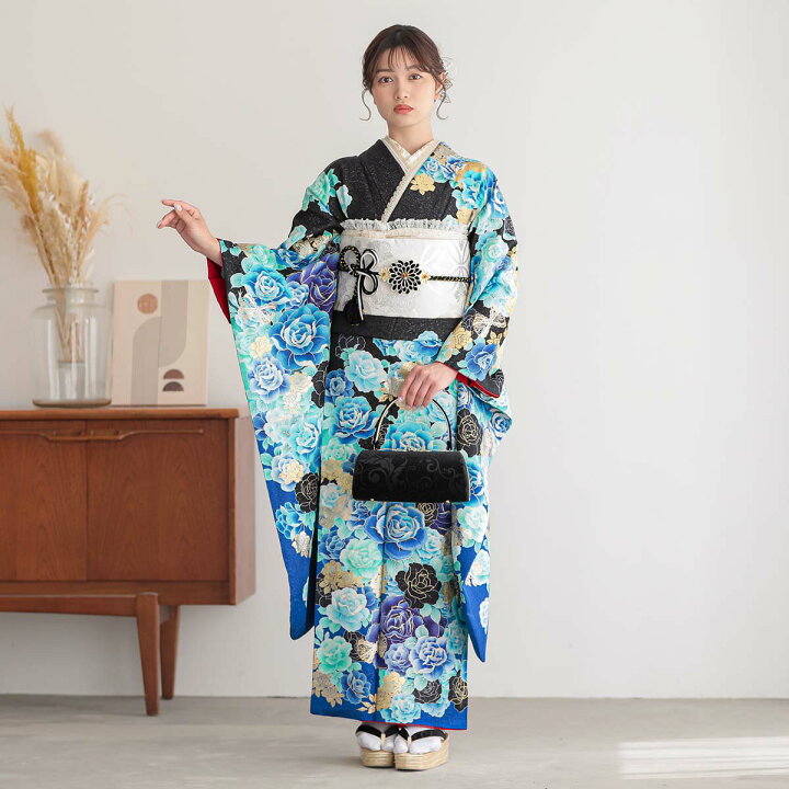 楽天市場】〔成人式 振袖 レンタル〕RS1189 正絹 黒青 薔薇フルセット 