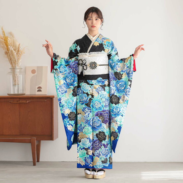 楽天市場】〔成人式 振袖 レンタル〕RS1189 正絹 黒青 薔薇フルセット 