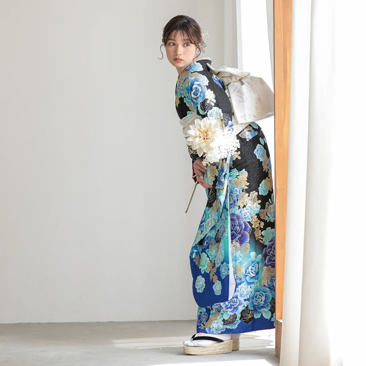 楽天市場】〔成人式 振袖 レンタル〕RS1189 正絹 黒青 薔薇フルセット 