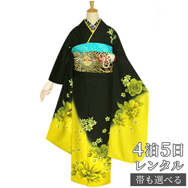 楽天市場】【振袖 レンタル】 結婚式 結納R1193 正絹 黒×黄 八重桜 