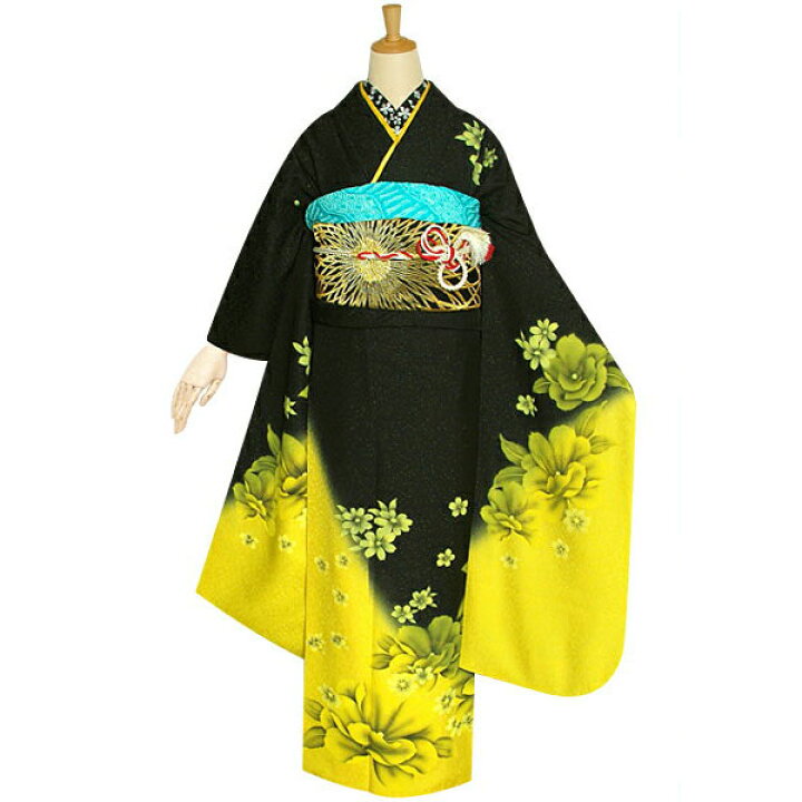 楽天市場】【振袖 レンタル】 結婚式 結納R1193 正絹 黒×黄 八重桜 