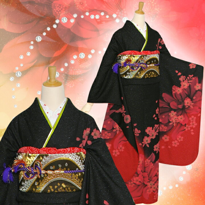 楽天市場】〔成人式 振袖 レンタル〕RS1194 正絹 黒赤 桜フルセット 