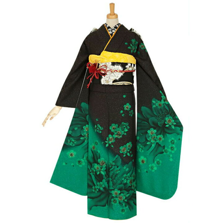 楽天市場】【成人式 振袖 レンタル】RS1195 正絹 黒×緑 桜フルセット 