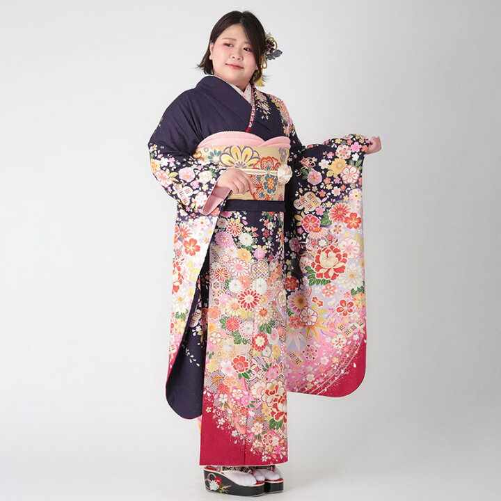 楽天市場】〔成人式 振袖 レンタル〕RS1212 正絹 紺 桜菊花に宝づくし 