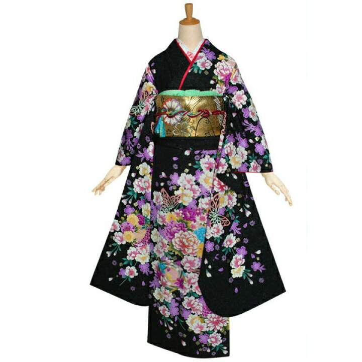楽天市場】【成人式 振袖 レンタル】RS1220 正絹 黒 桜花丸紋に蝶フル 