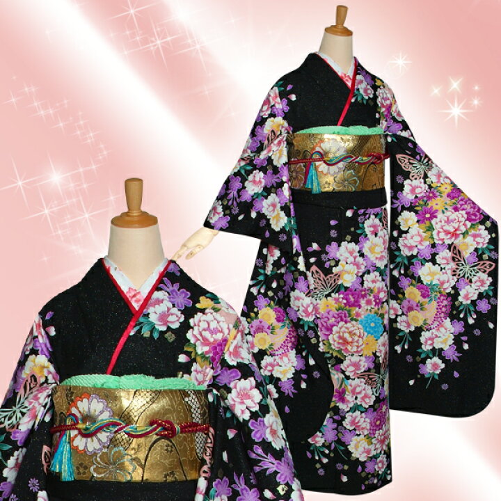 楽天市場】【成人式 振袖 レンタル】RS1220 正絹 黒 桜花丸紋に蝶フル 