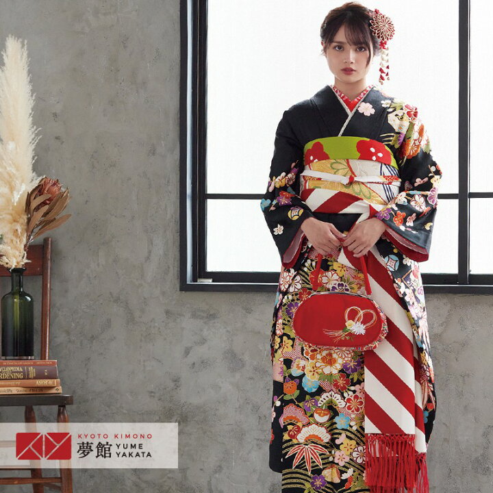 楽天市場】【成人式 振袖 レンタル】RS1277 正絹 黒 吉祥貝桶に松竹梅 