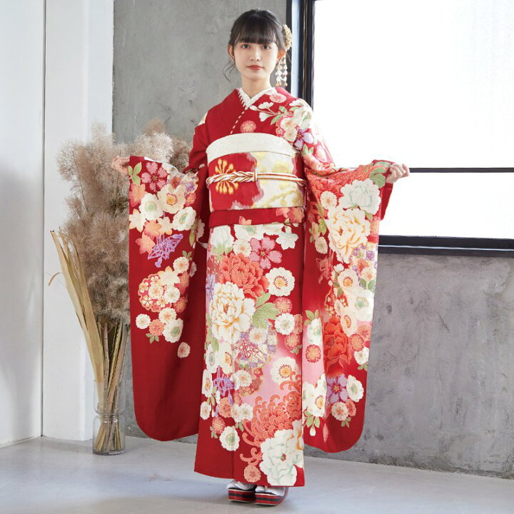 楽天市場】【振袖 レンタル】 結婚式 結納R1292 正絹 赤 雪輪に菊牡丹 