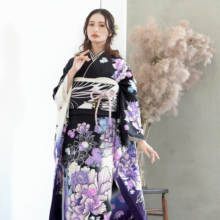 黒 市松に櫻 新品 振り袖 フルセット 週末sale9万8千円‼️ | ヤマダ 