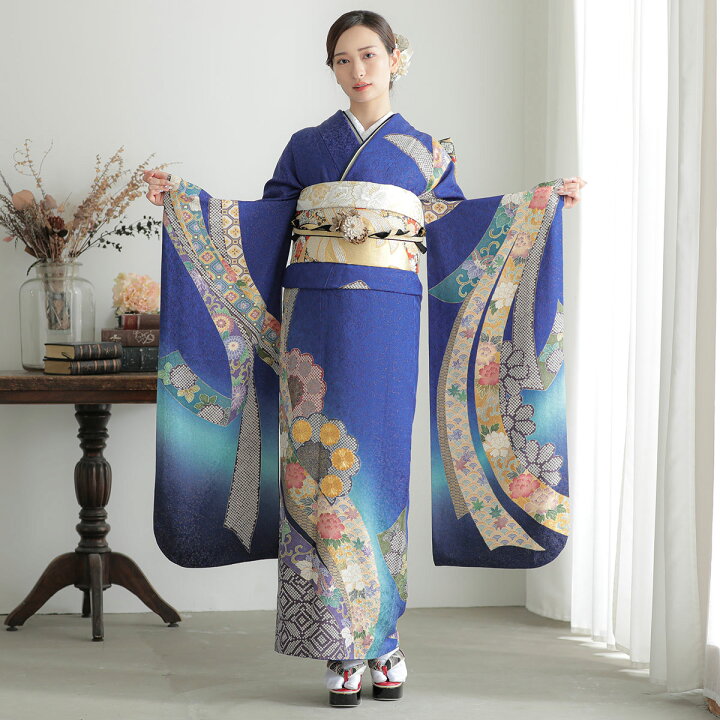 楽天市場】【成人式 振袖 レンタル】RS1429 正絹 青 熨斗に菊花フル  