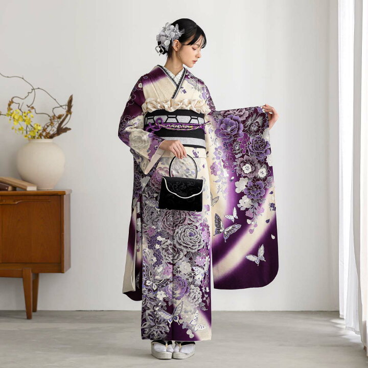 引き振袖✨パープル系煌めきの舞蝶花文暈し染め金銀彩色掛下結婚式結納式