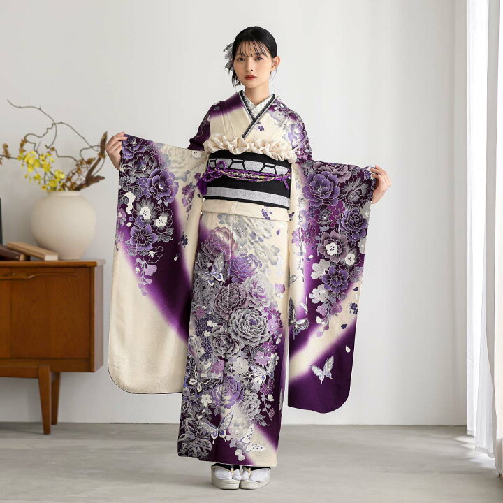 楽天市場】〔成人式 振袖 レンタル〕RS1435 正絹 白紫 輝く牡丹に蝶 