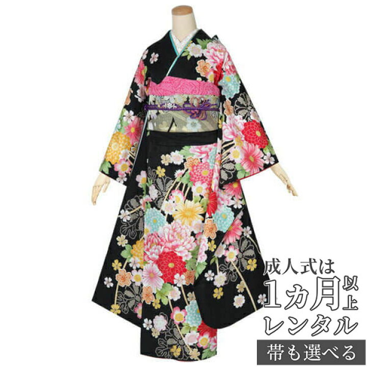 楽天市場】【成人式 振袖 レンタル】RS1441 正絹 黒 牡丹に菊花 花薬玉  